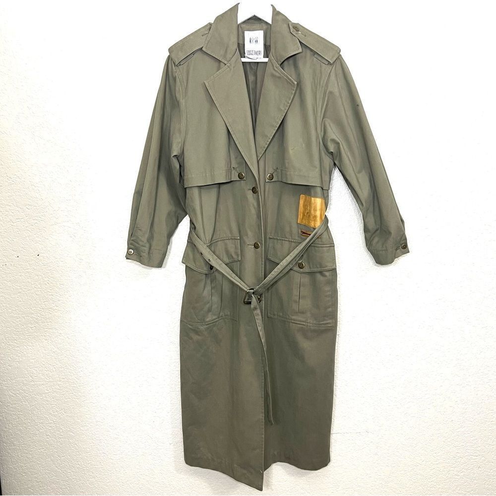 Vintage 80’s Trench Coat Military Olive Green Belted Coat Jacket Size 8 Petite